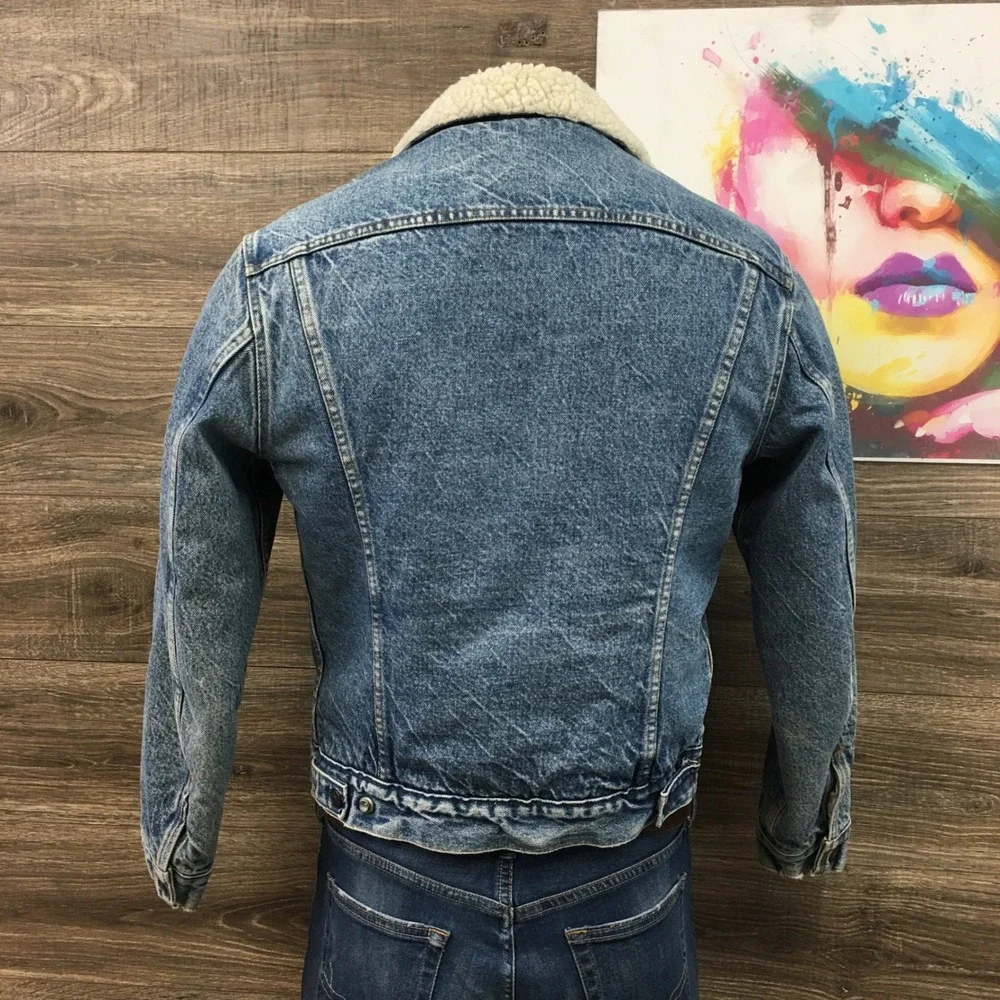 Vintage Levis Sherpa Lined Denim‎ Trucker Jacket Made in USA Blue 38R 70608 0216 - Picture 3 of 10